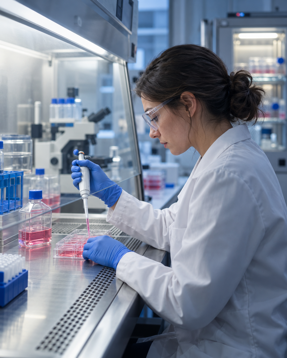 Cientista pipetando cultura de células em cabine de fluxo laminar